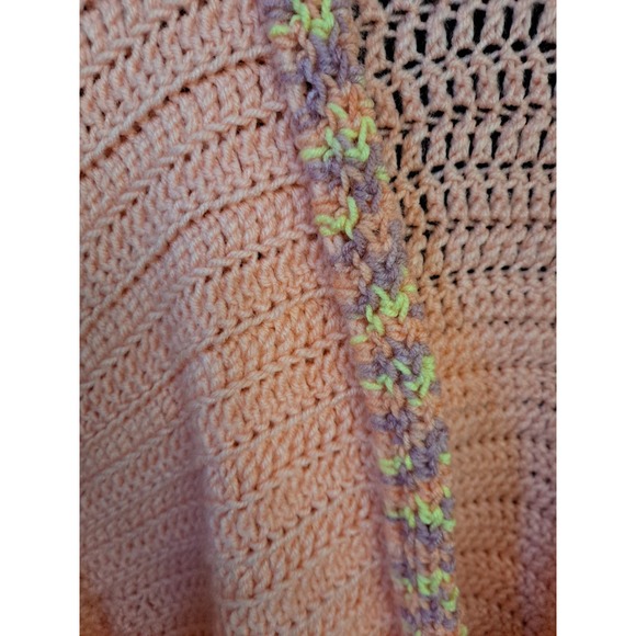 Hand Knit Open Front Long Pink Sweater With Colorful Accents - Picture 5 of 6